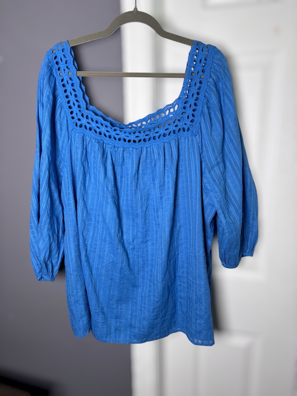 Lane Bryant Blue 100% Cotton Balloon Sleeve Square Neck Blouse Size 24